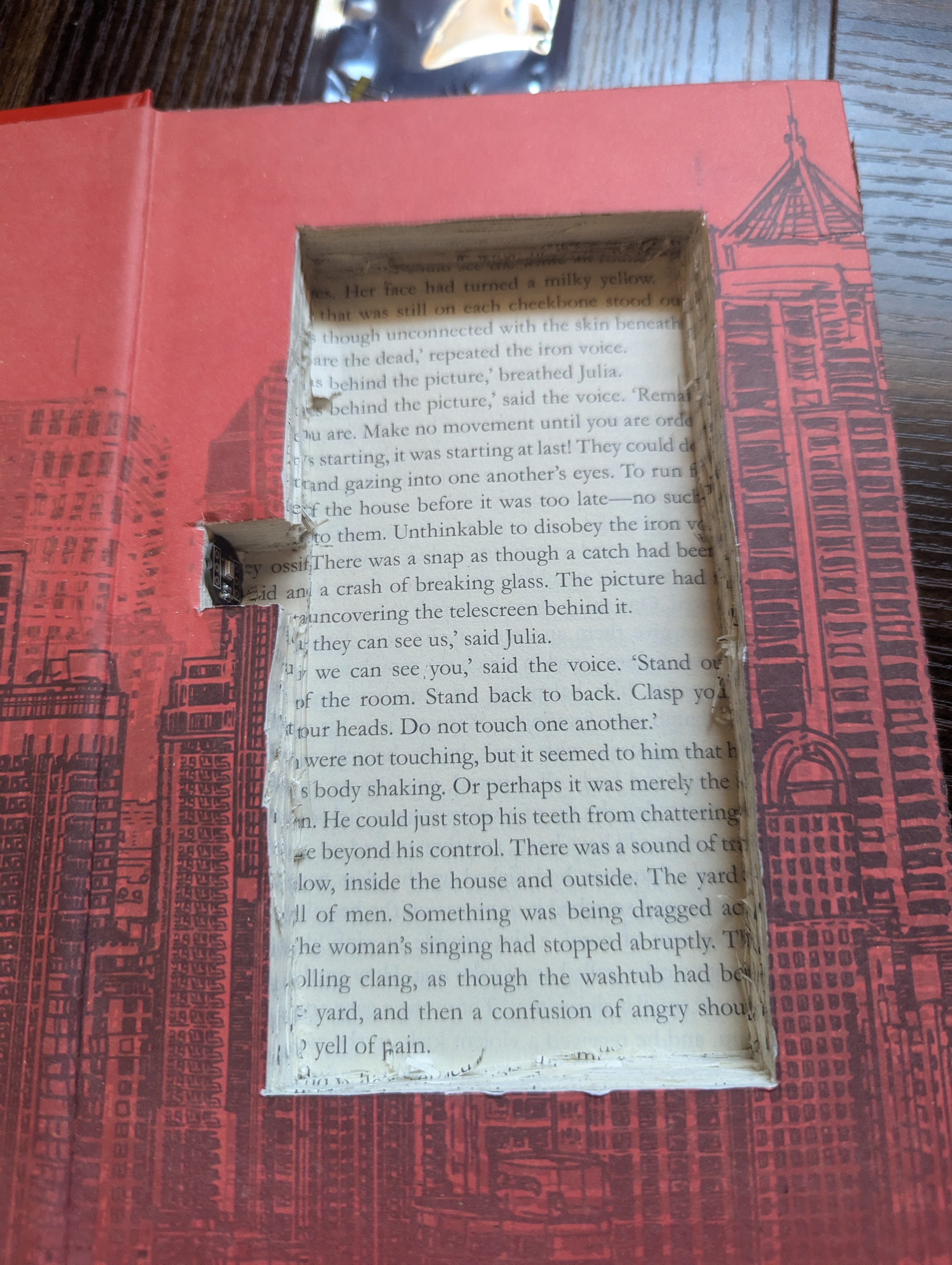 Rectangular cavity cut into book pages, notch visible toward spine